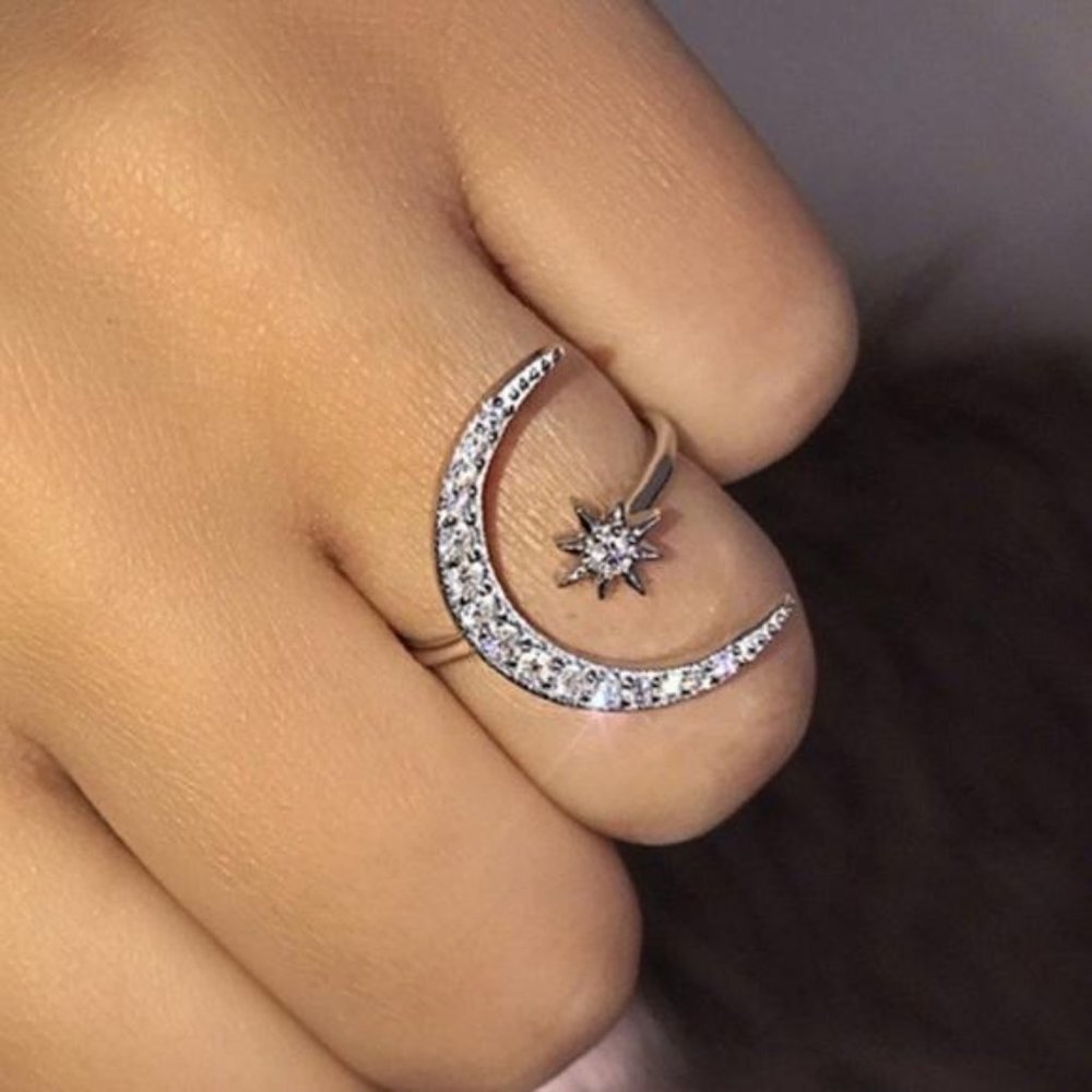 ADJUSTABLE 925 SILVER DIAMOND STAR MOON RING, CUTE RING, SHINY RING.